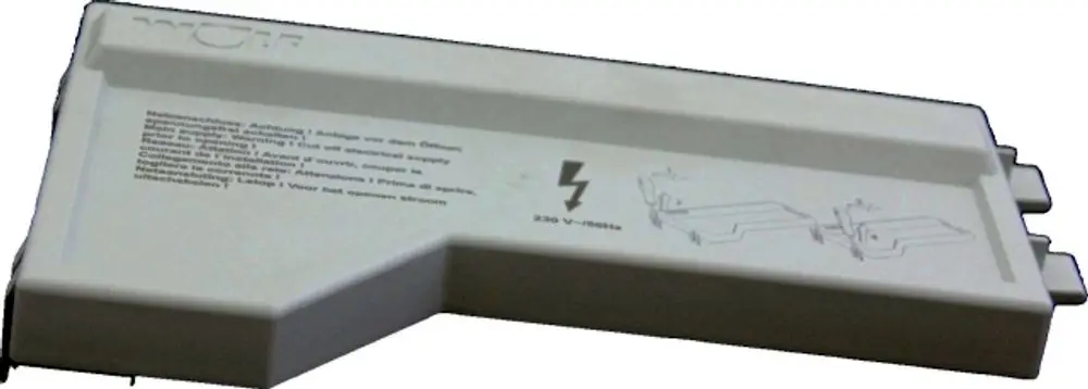 Wolf Gehäuse für Steuerplatine mit elektrischer Anschlussbeschreibung, abgebildet in weißem Kunststoff, mit Icons zur Verbindung und Spannungsangabe.